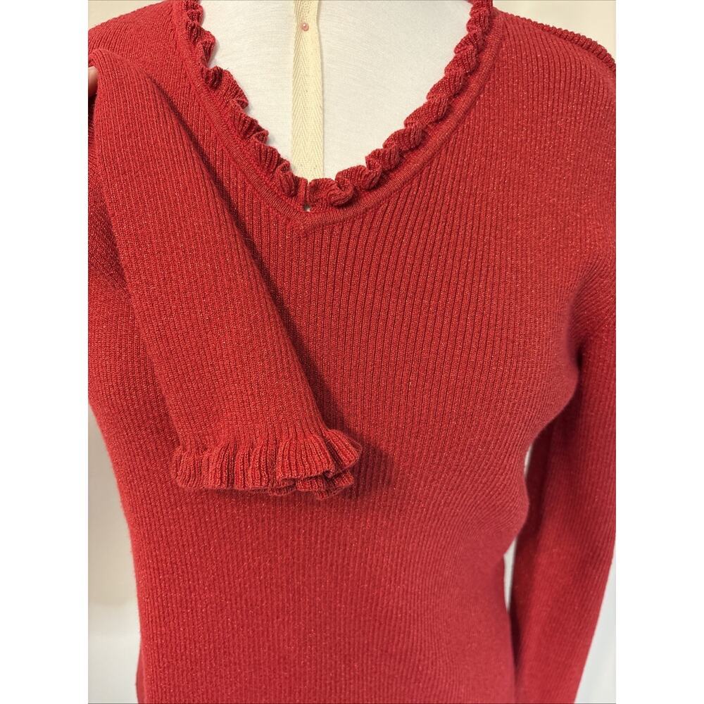 Vintage Liz Claiborne Red Shimmer Ruffle Trim Long Sleeve Sweater L Grannycore